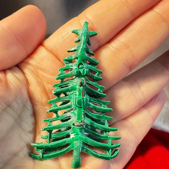 Green Enamel Christmas Tree Brooch with Multicolor Rhinestone Ornaments 2.5 inch - Picture 4 of 4